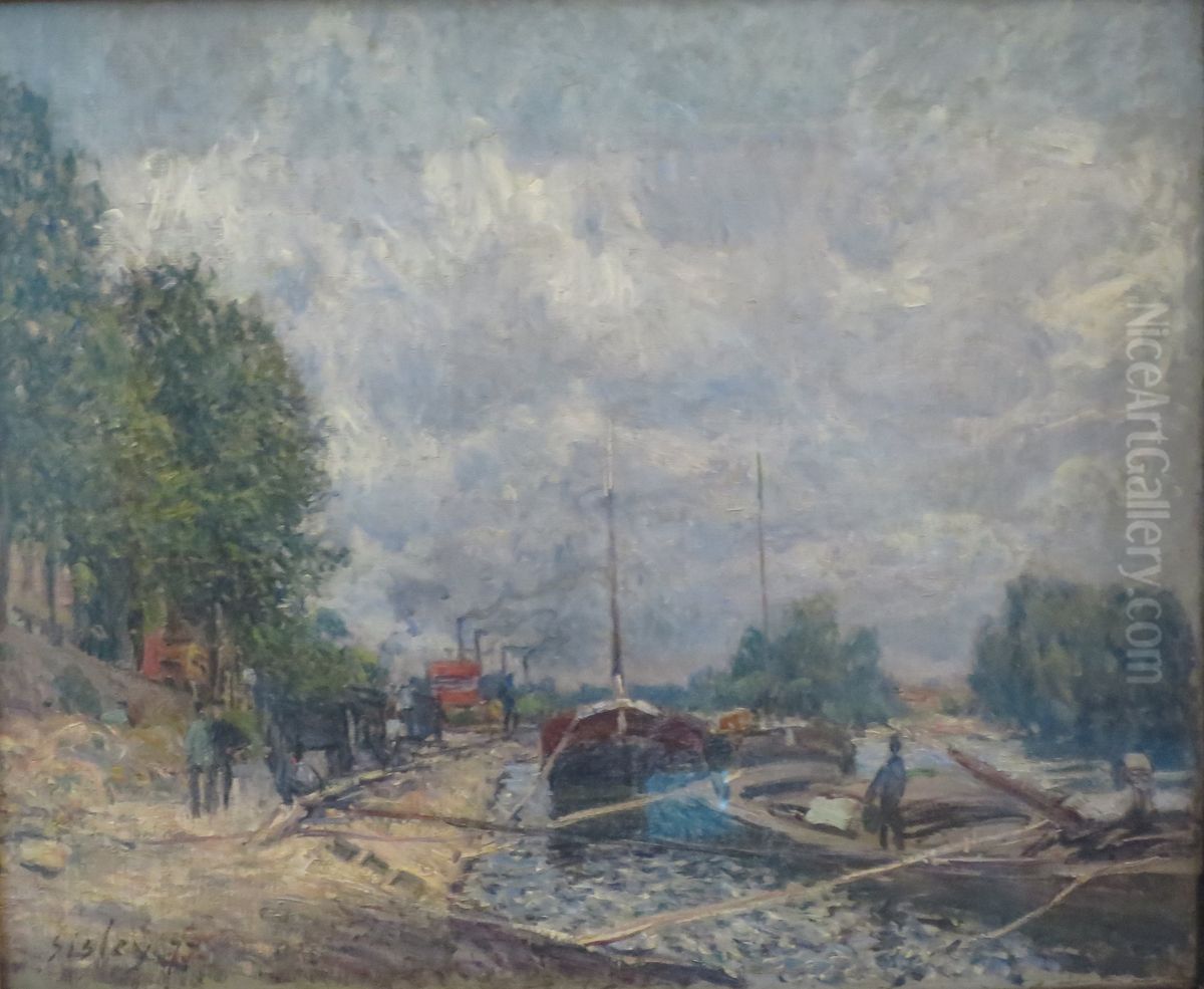 Barges at Billancourt Oil Painting by Alfred Sisley