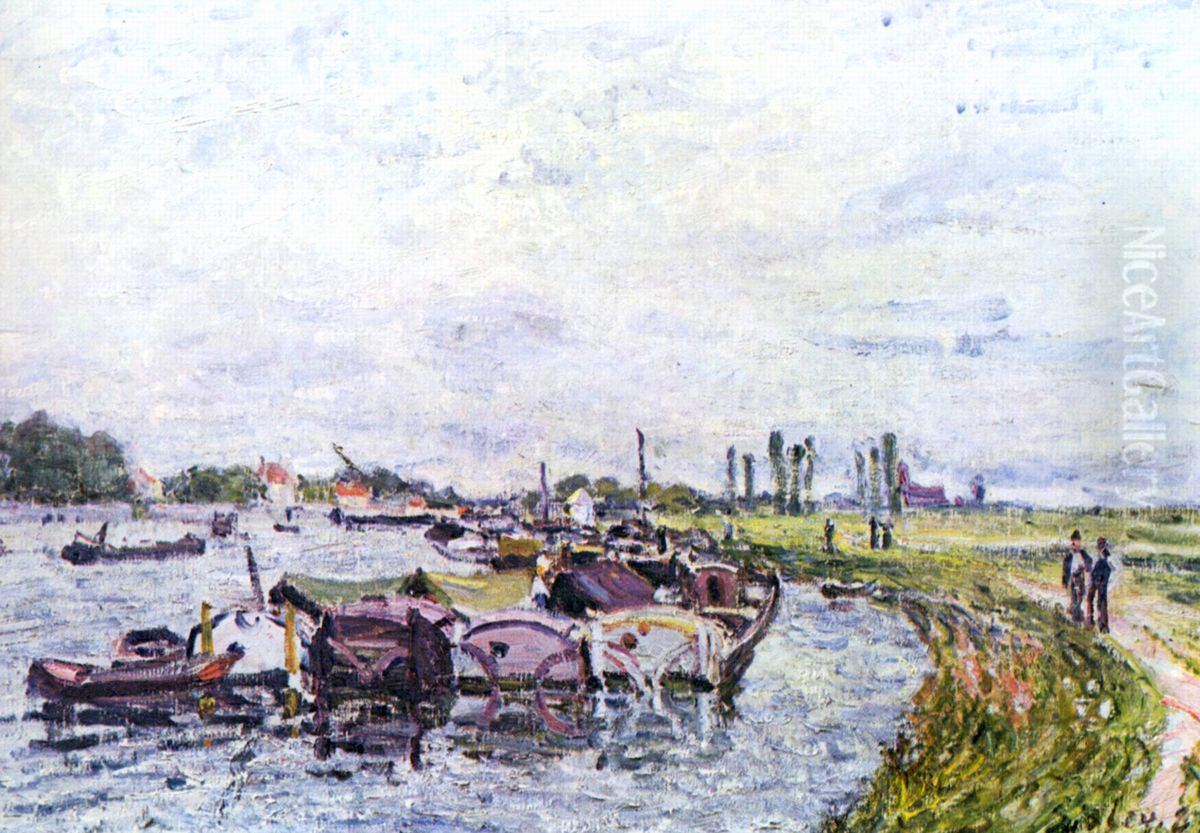 Barges in Saint-Mammes Oil Painting by Alfred Sisley