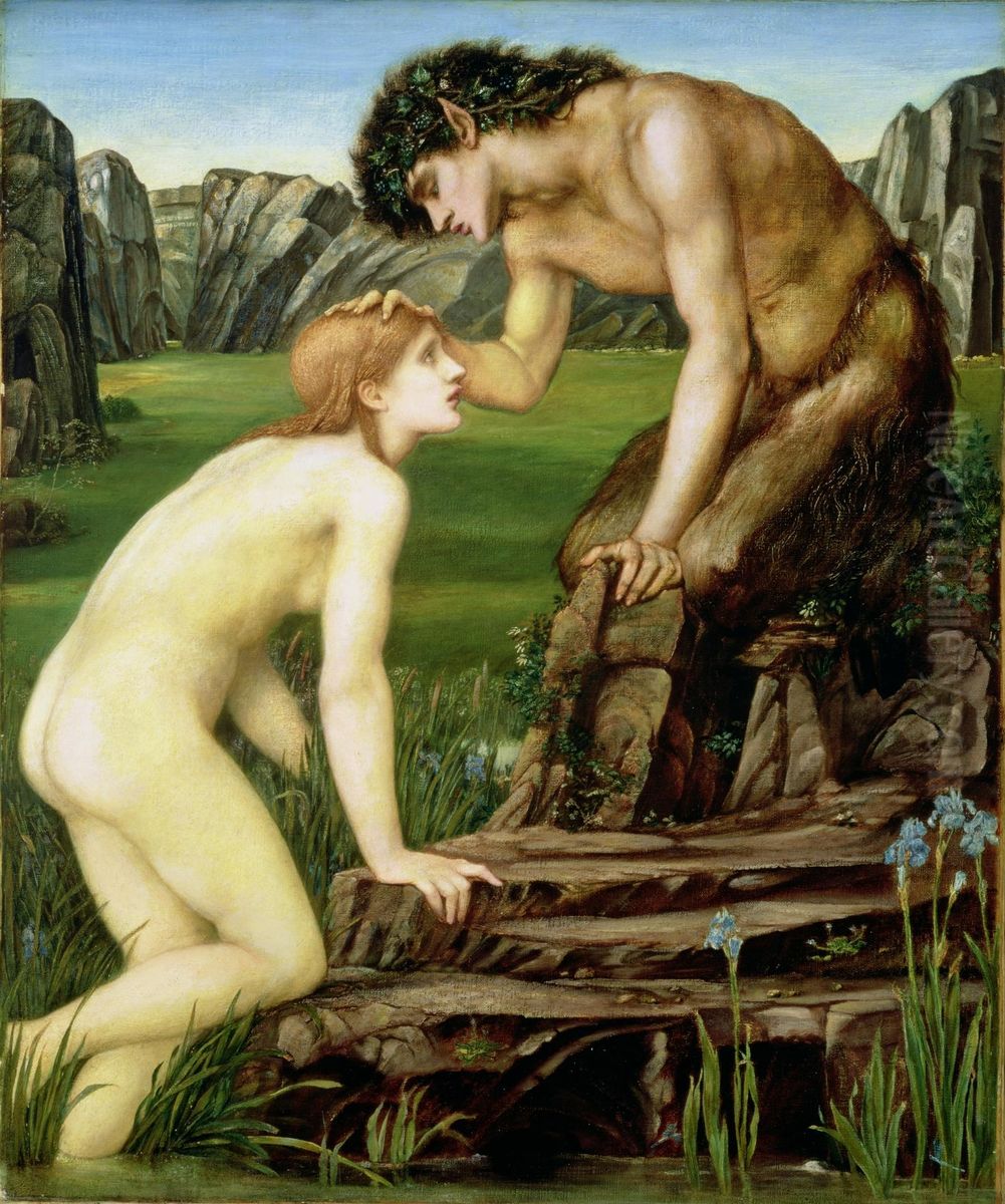Pan   and  Psyche Oil Painting by Edward Burne-Jones