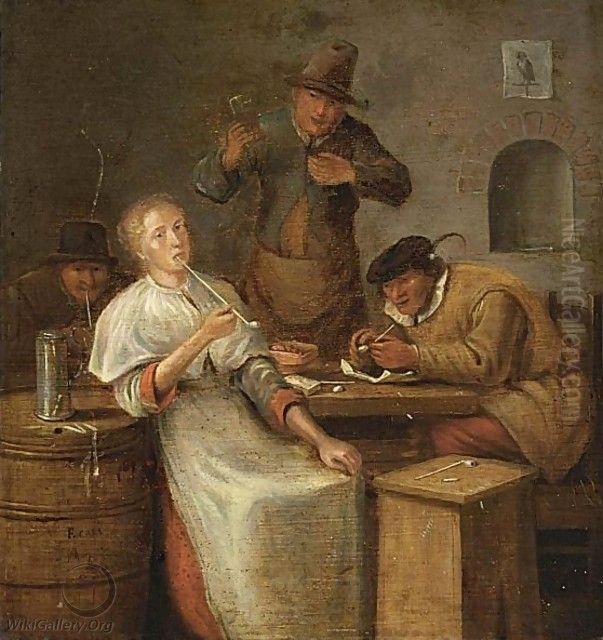 Peasants Drinking And Smoking In An Interior Oil Painting by Franciscus Carree