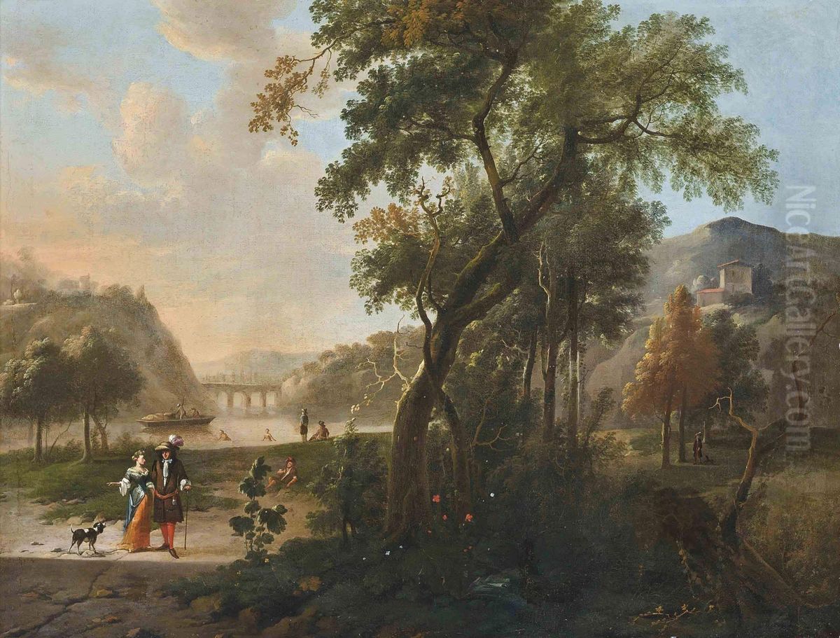 An Mountainous Wooded River Landscape With Elegant Company Conversing On A Track Oil Painting by Hendrik Carree