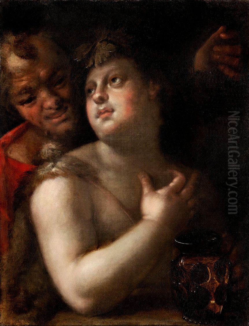 Bacchus with Satyr  (Self-portrait of the Artist with his Son) Oil Painting by Hans Von Aachen