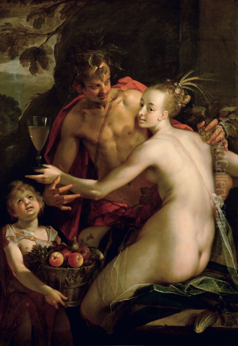 Bacchus, Ceres and Amor (?) Oil Painting by Hans Von Aachen