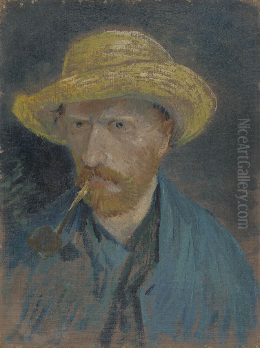 Self-Portrait with Straw Hat and Pipe Oil Painting by Vincent Van Gogh