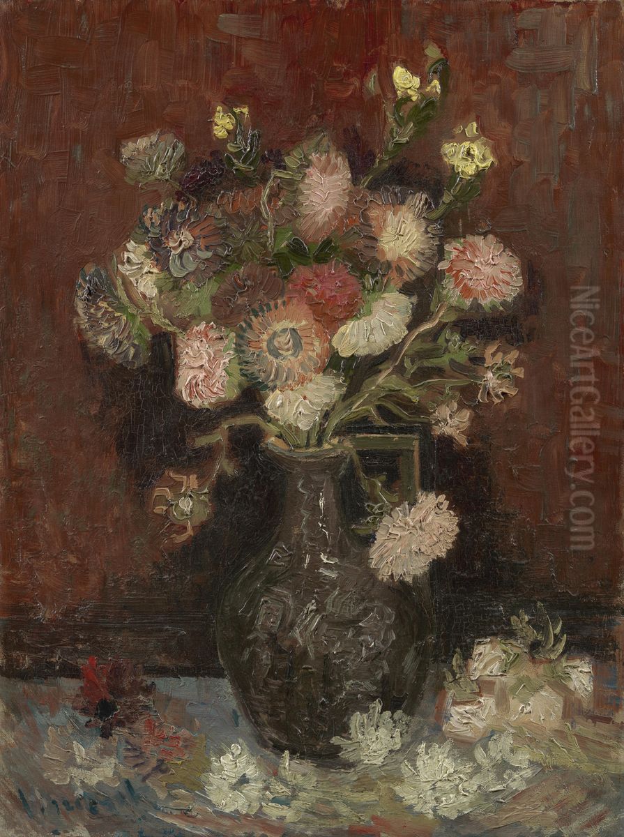 Vaas met Chinese asters en tuingladiolen Oil Painting by Vincent Van Gogh