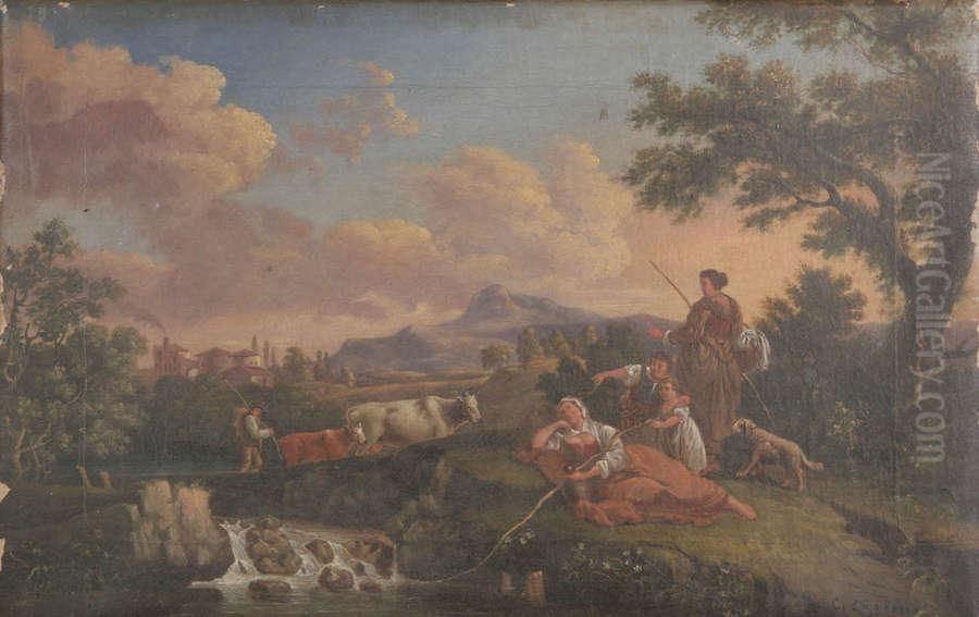 Zuiders Landschap Met Veehoeders Oil Painting by C Carrelli