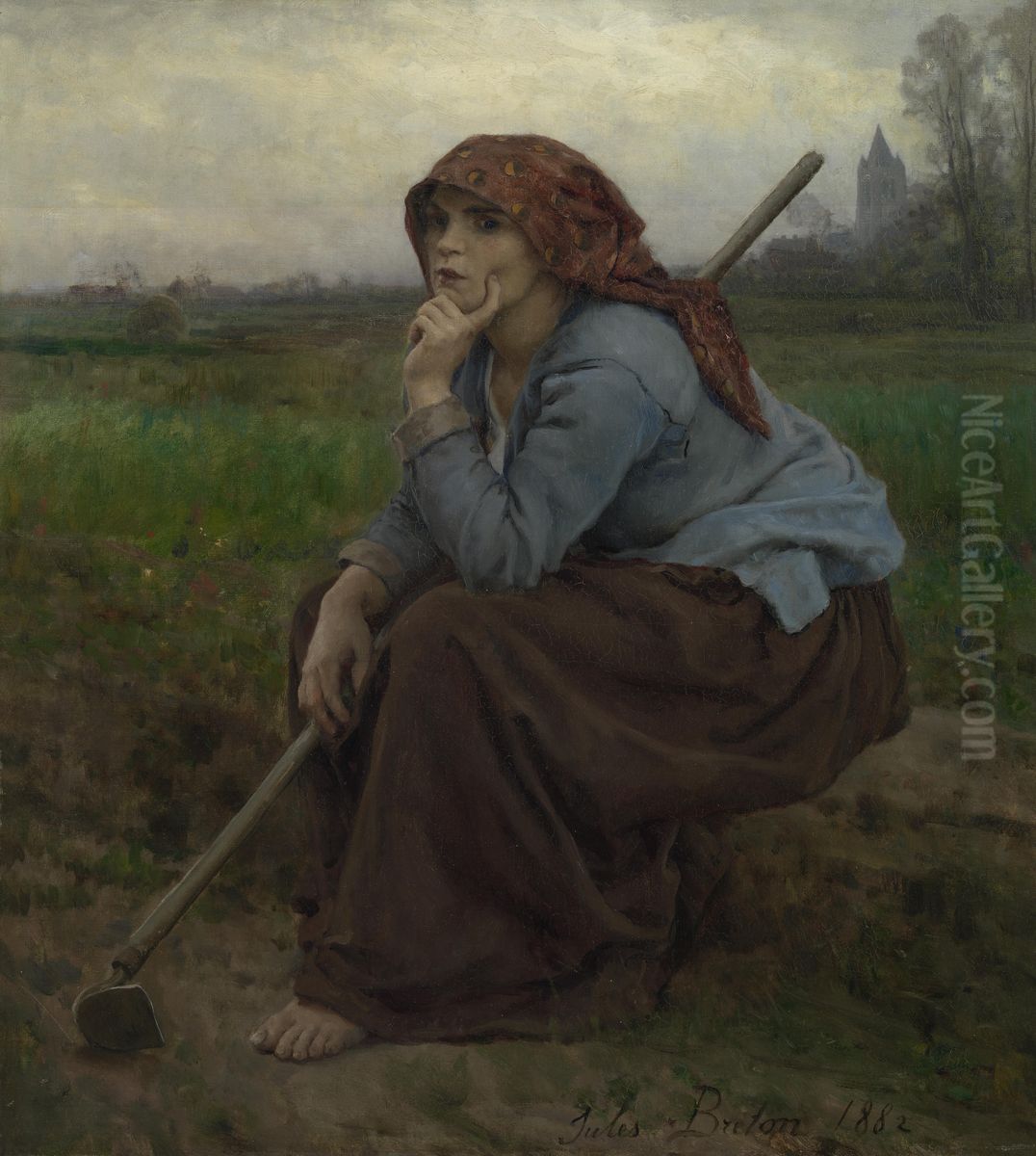 Young Peasant Girl with a Hoe Oil Painting by Jules Breton