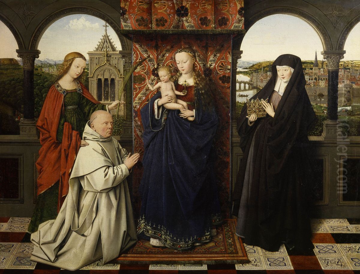 Virgin and Child, Saint Elisabeth of Hungary (right), Saint Barbara with the Carthusian monk Jan Vos Oil Painting by Jan van Eyckand workshop