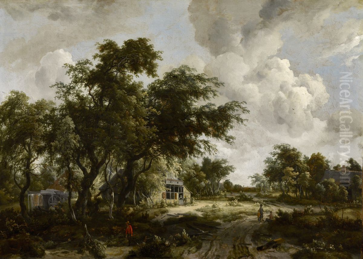 Village with Water Mill among Trees Oil Painting by Meindert Hobbema