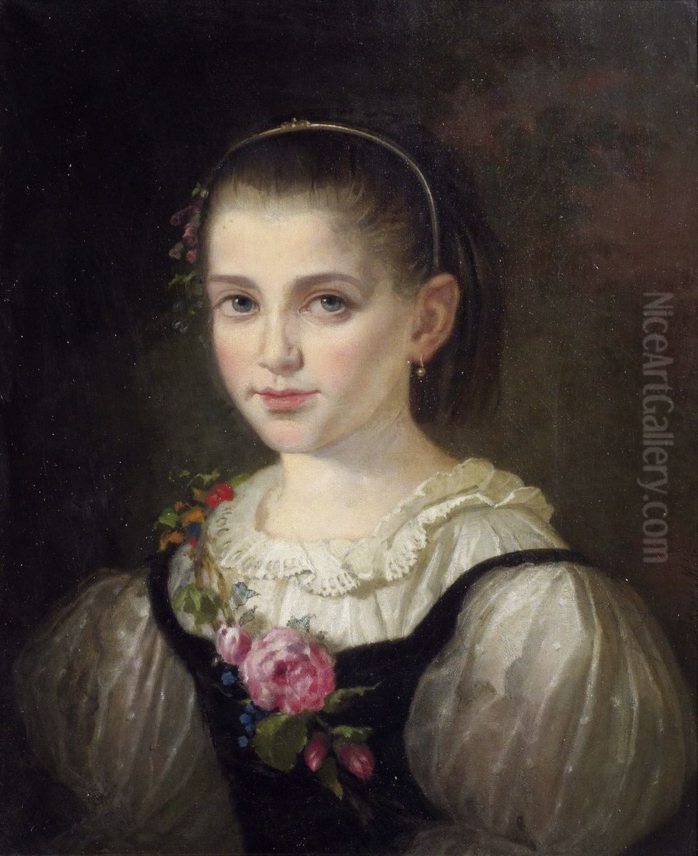 Portrait of a young Girl wearing silk Dress with Rose Oil Painting by Mor Adler