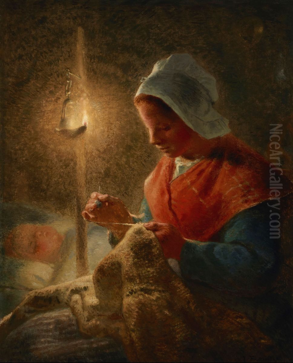 Woman Sewing by Lamplight Oil Painting by Jean-Francois Millet