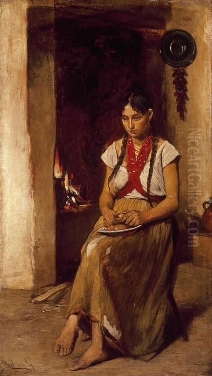 Girl in front of a Stove Oil Painting by Gyula Agghazy