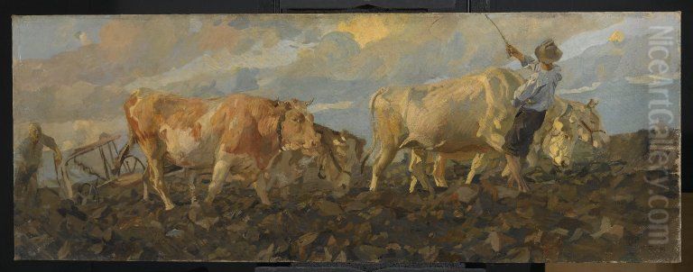 Oxen Plowing Oil Painting by Ettore Tito