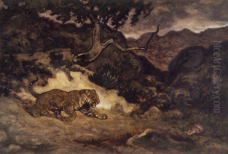 Jaguar Discovering a Snake Oil Painting by Antoine-louis Barye