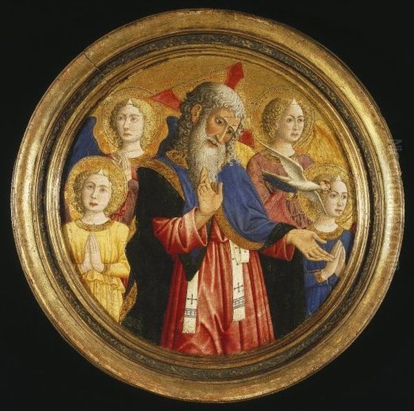 God the Father with Four Angels and the Dove of the Holy Spirit Oil Painting by Giovanni Francesco Da Rimini
