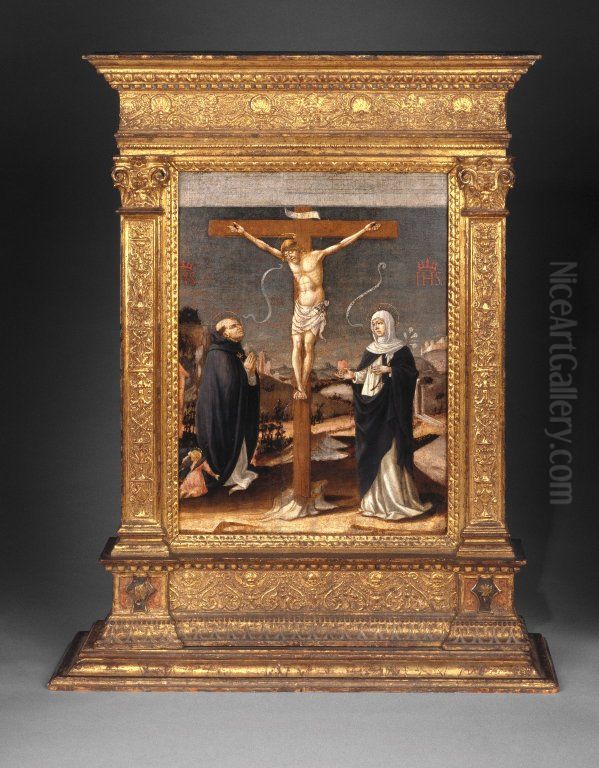 Christ on the Cross Adored by Saints Thomas Aquinas and Catherine of Siena Oil Painting by Lorenzo d'Alessandro