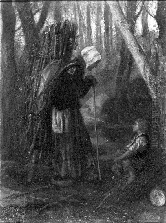 Old Woman and Boy in a Forest Oil Painting by Alexandre-Gabriel Decamps