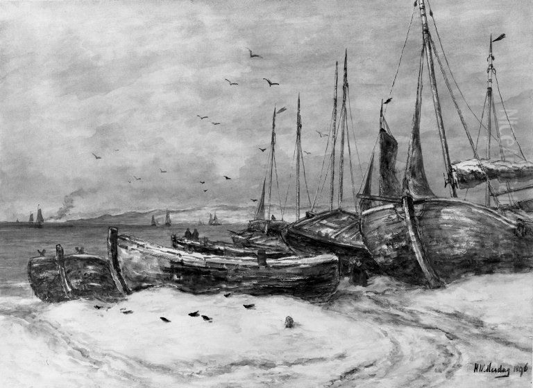 Boats on a Beach Oil Painting by Hendrik Willem Mesdag