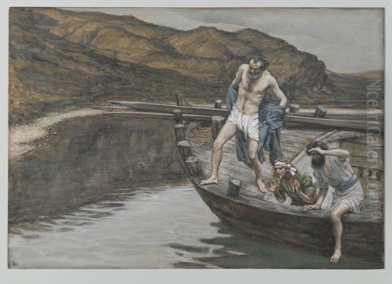 Saint Pierre averti par Saint Jean que le Seigneur est la se jette a l'eau Oil Painting by James Jacques Joseph Tissot