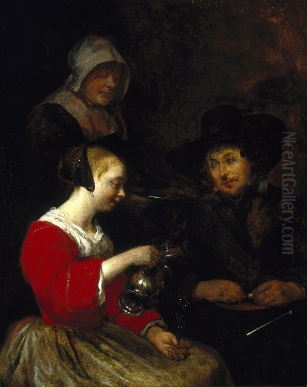 Woman Pouring Wine Oil Painting by Gerard Ter Borch