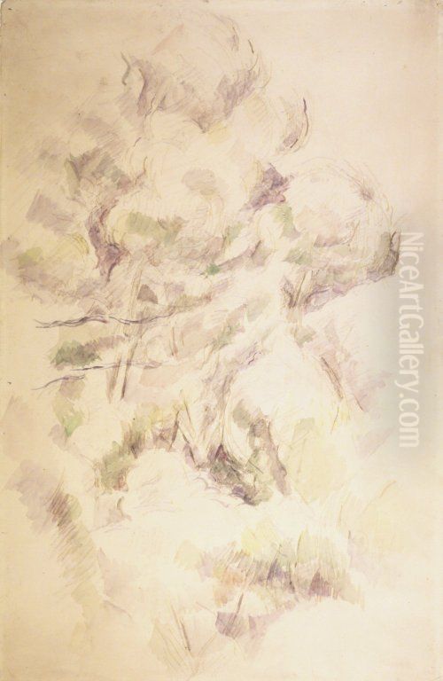 Study of Trees and Rocks; Study of Trees (verso) Oil Painting by Paul Cezanne