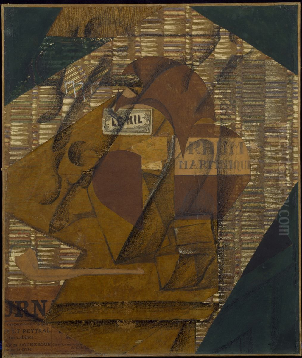 Bottle of Rum and Newspaper. Oil Painting by Juan Gris