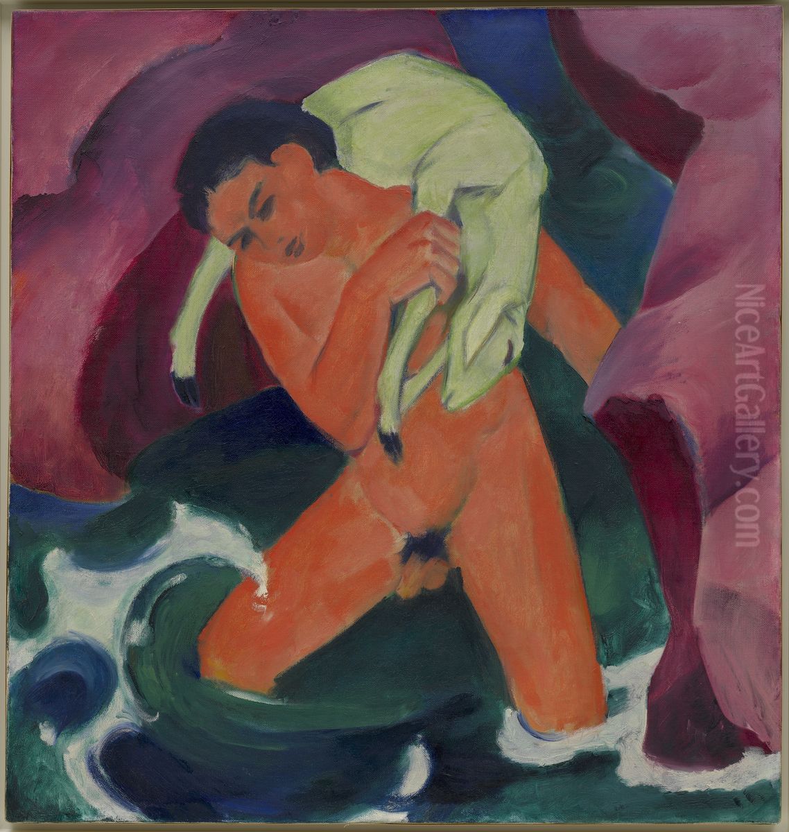 Young Boy with a Lamb; The Good Shepherd. Oil Painting by Franz Marc