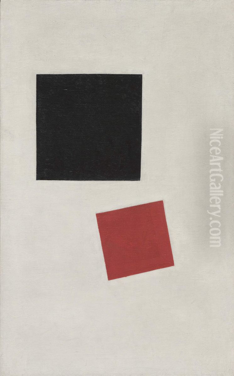 Black Square and Red Square (Painterly Realism of a Boy with a Knapsack - Color Masses in the Fourth Dimension) Oil Painting by Kasimir Sevrinovitch Malevich