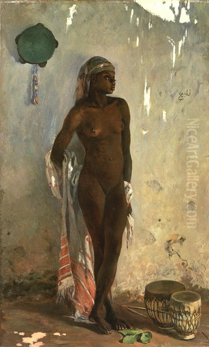 Nude female slave with tambourin Oil Painting by Frank Buchser
