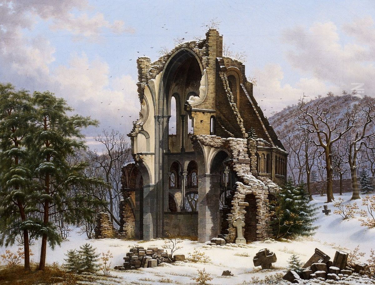 Ruins of Heisterbach Abbey in Winter Oil Painting by Wilhelm Steuerwaldt