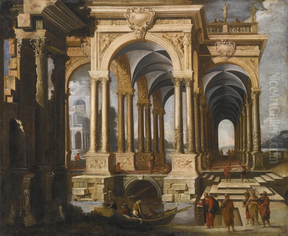 Architectural Capriccio with Christ and Disciples Oil Painting by Francois de Nome