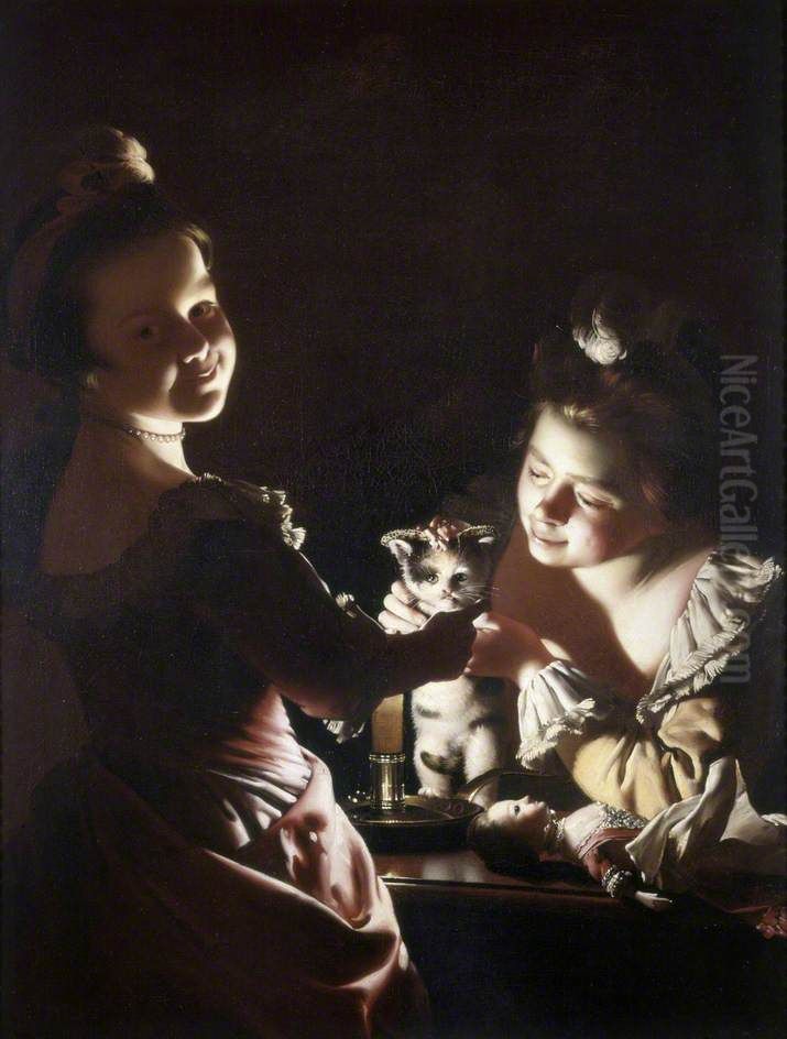 Two Girls Dressing a Kitten by Candlelight Oil Painting by Joseph Wright of Derby