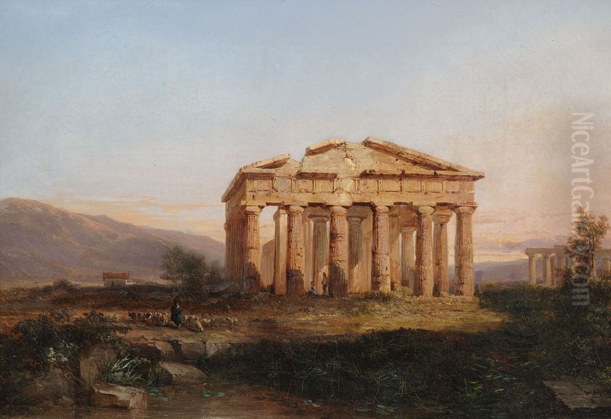 Die Tempel von Paestum im Abendlicht. Oil Painting by Jules Louis Phillipe Coignet