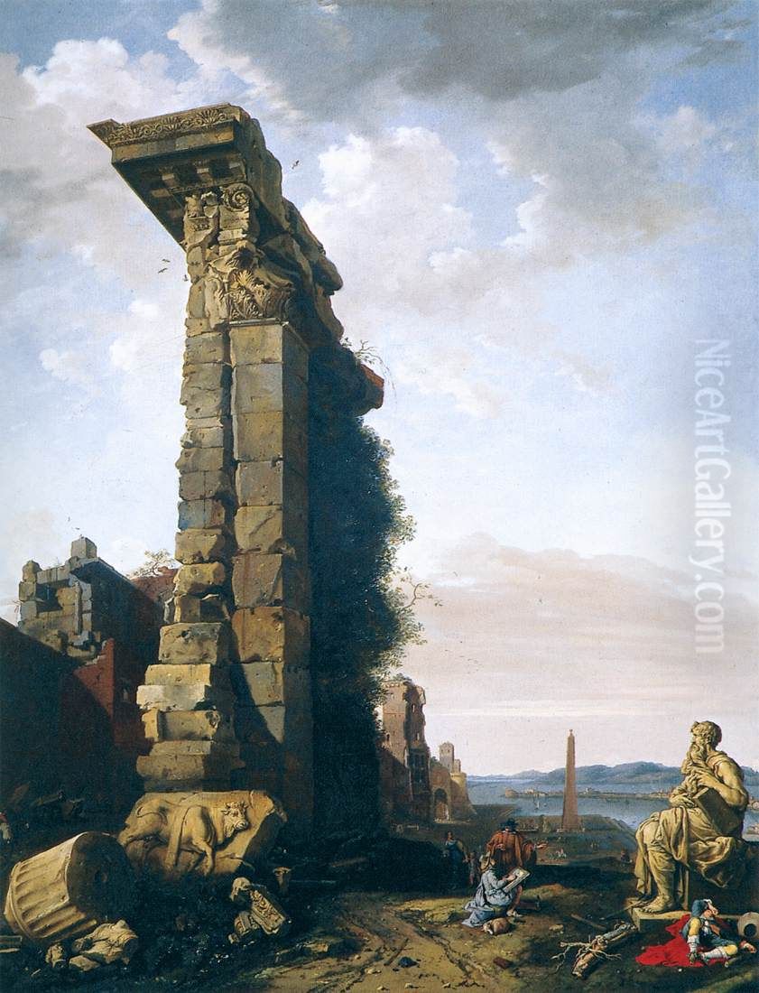 Idealised View with Roman Ruins, Sculptures, and a Port Oil Painting by Bartholomeus Breenbergh