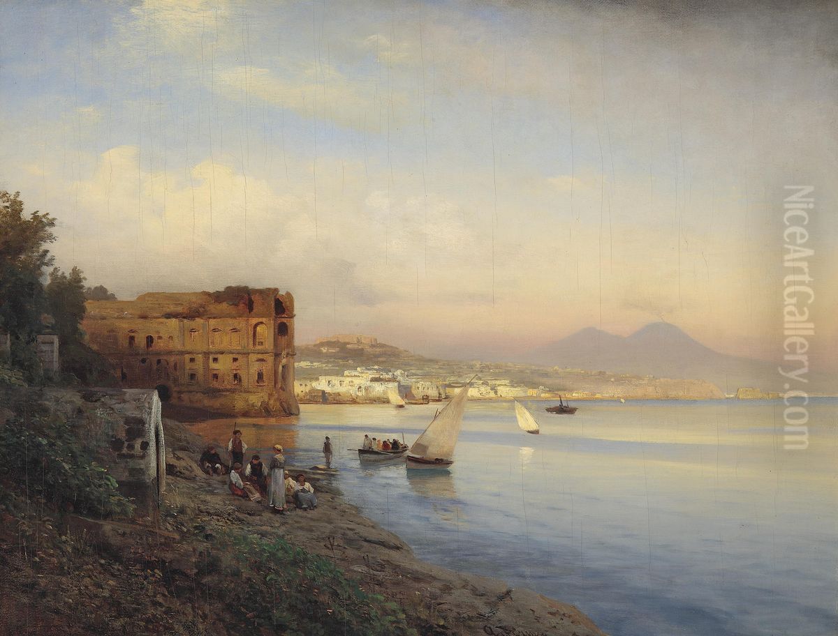 View of the Gulf of Naples with the Palace of Queen Joanna Oil Painting by Albert Flamm