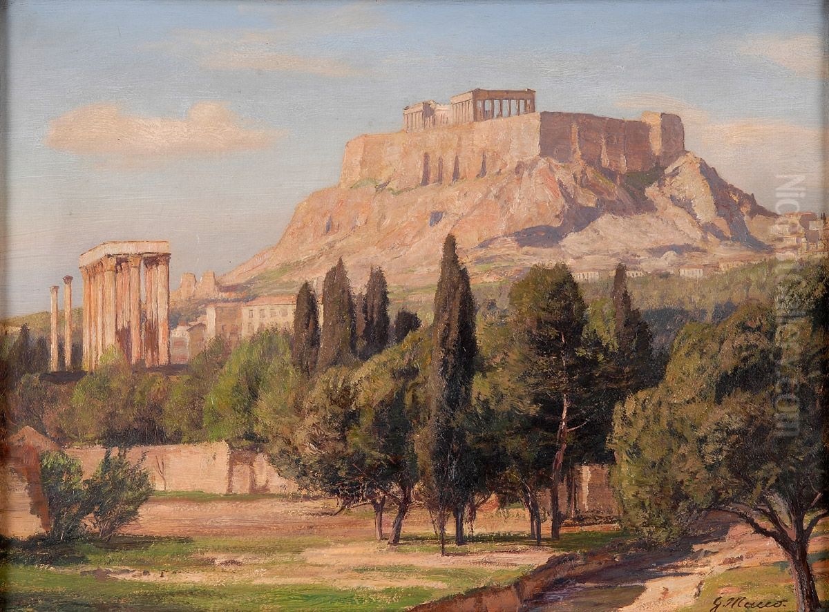 Blick auf die Akropolis und das Olympieron. Oil Painting by Georg Macco