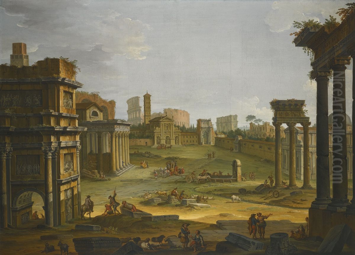 A View of the Forum with the Campo Vaccino, the Church of Santa Francesca Romana and the Colosseum Oil Painting by Antonio Joli