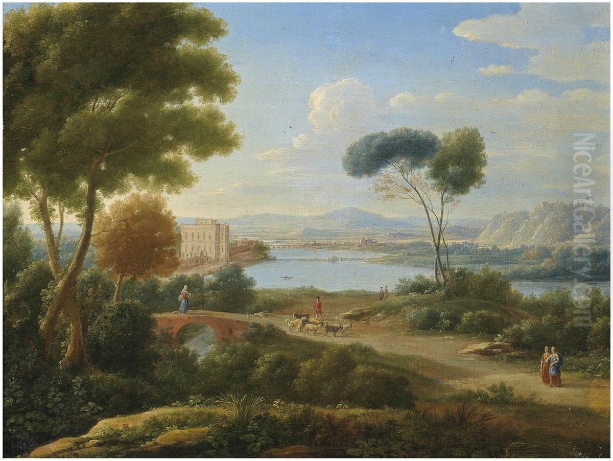A classical river landscape with figures on a path and a palace in the distance Oil Painting by Hendrik Frans van Lint (Studio Lo)