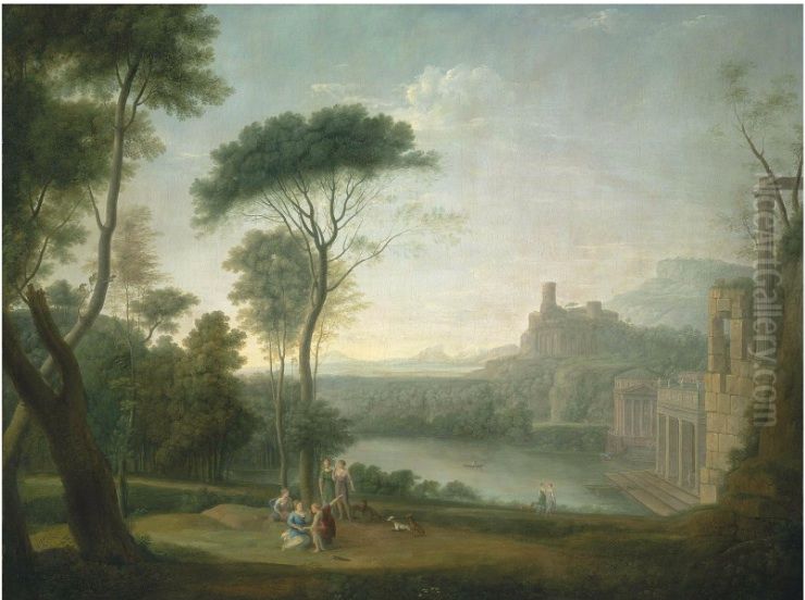 An extensive Italianate wooded landscape Oil Painting by Hendrik Frans van Lint (Studio Lo)