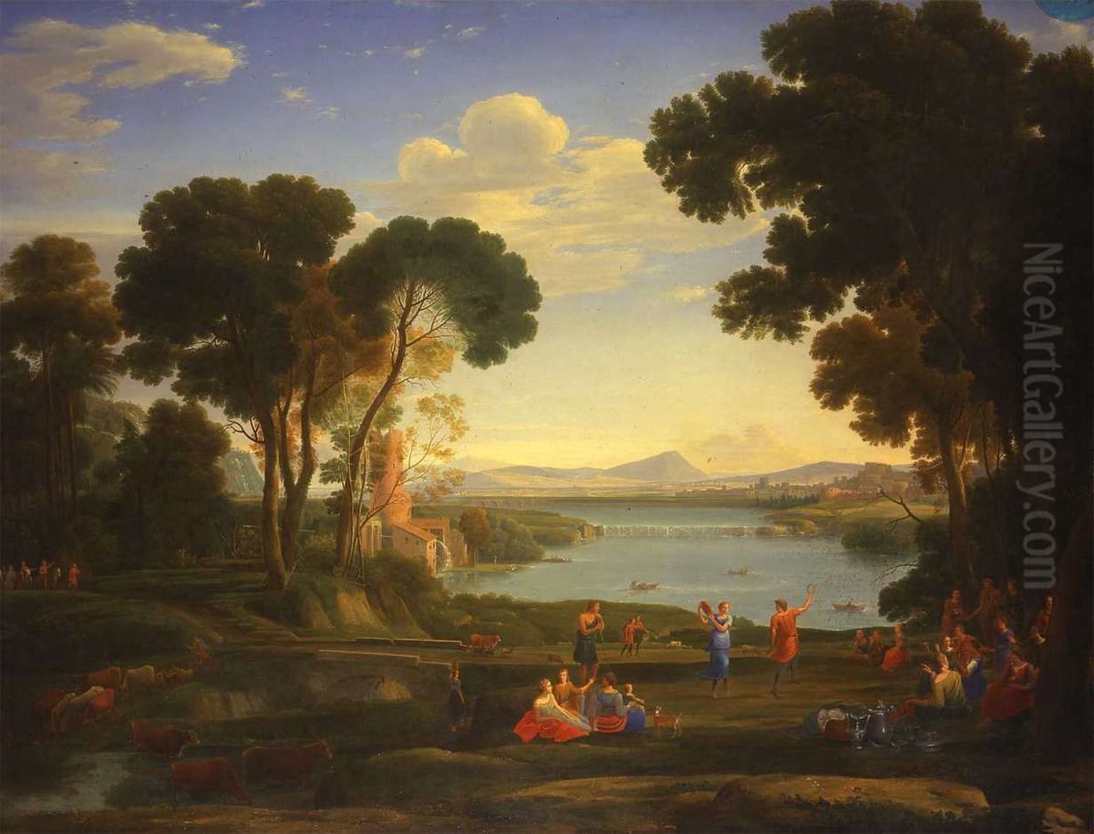 Landscape with a Watermill and Dancing Figures (The Wedding of Isaac and Rebecca) Oil Painting by Hendrik Frans van Lint (Studio Lo)