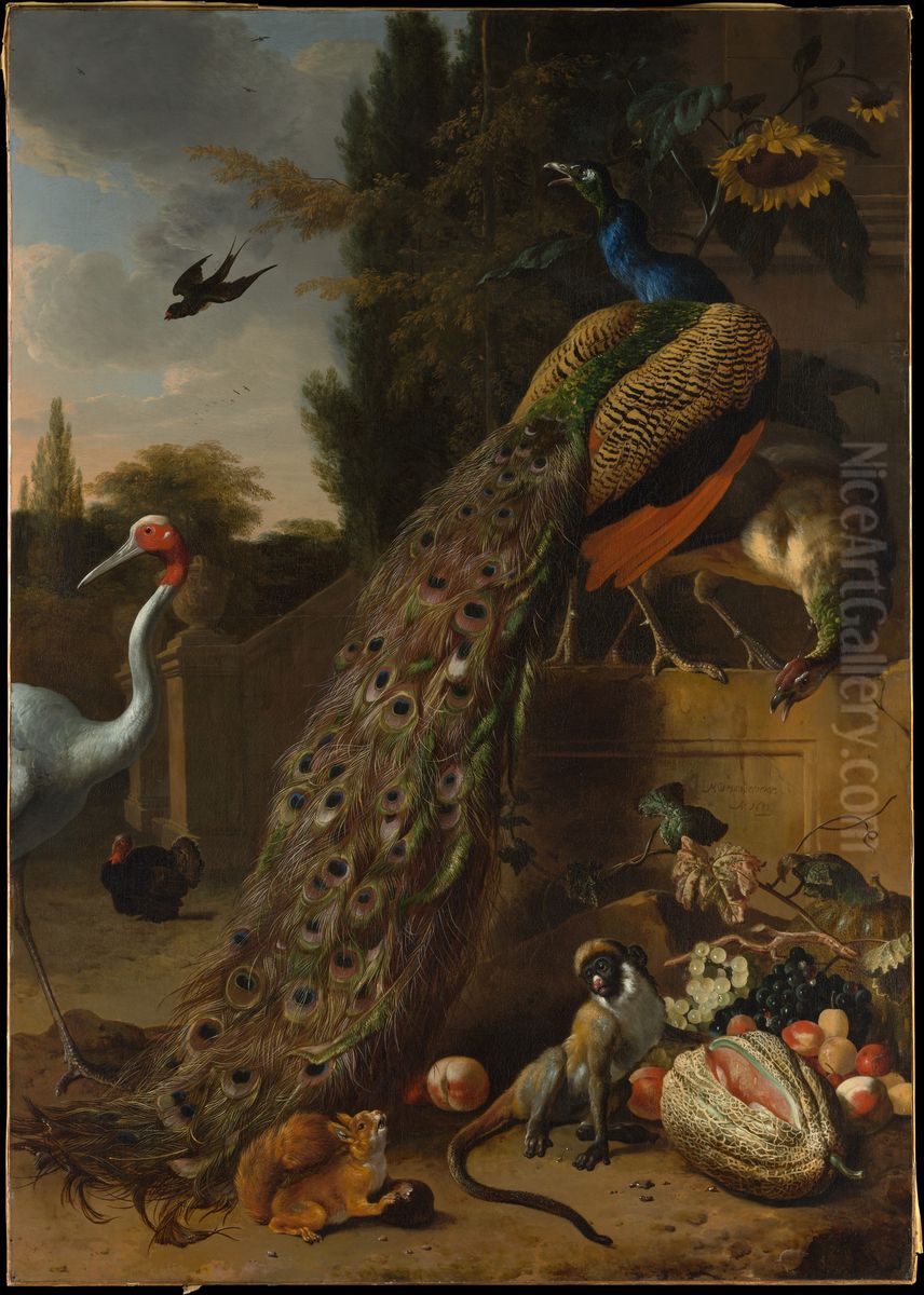 Peacocks Oil Painting by Melchior D'Hondecoeter
