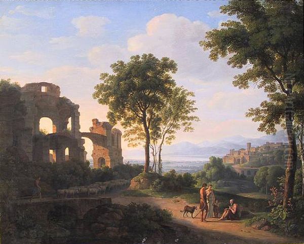 Sunlit ruin landscape with a family on a way and shepherd with sheeps Oil Painting by Johann Nepomuk Schodlberger