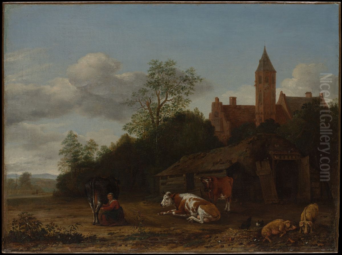 Barnyard Scene Oil Painting by Anthonie Van Borssom