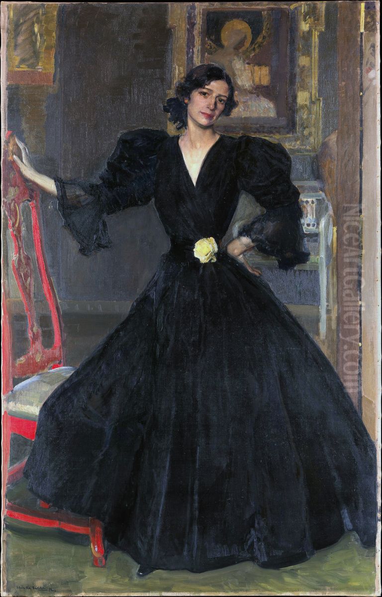 Senora de Sorolla (Clotilde Garcia del Castillo, 1865-1929) in Black Oil Painting by Joaquin Sorolla