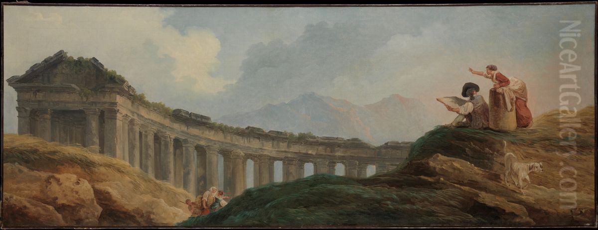 A Colonnade in Ruins Oil Painting by Hubert Robert