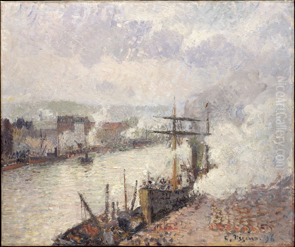 Steamboats in the Port of Rouen Oil Painting by Camille Pissarro