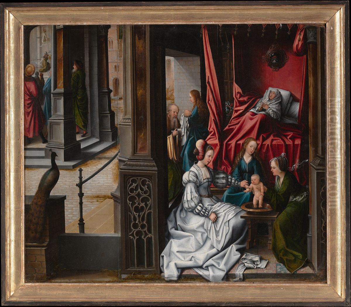 The Birth and Naming of Saint John the Baptist; (reverse) Trompe-l'oeil with Painting of The Man of Sorrows Oil Painting by Orley, Bernard van