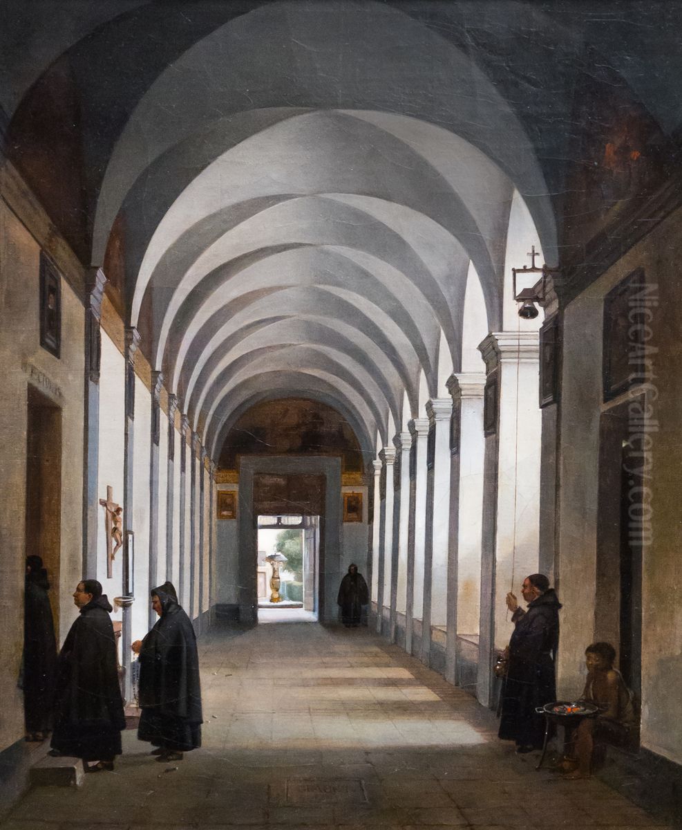 Monks in the Cloister of the Church of Gesu e Maria, Rome Oil Painting by Francois Marius Granet