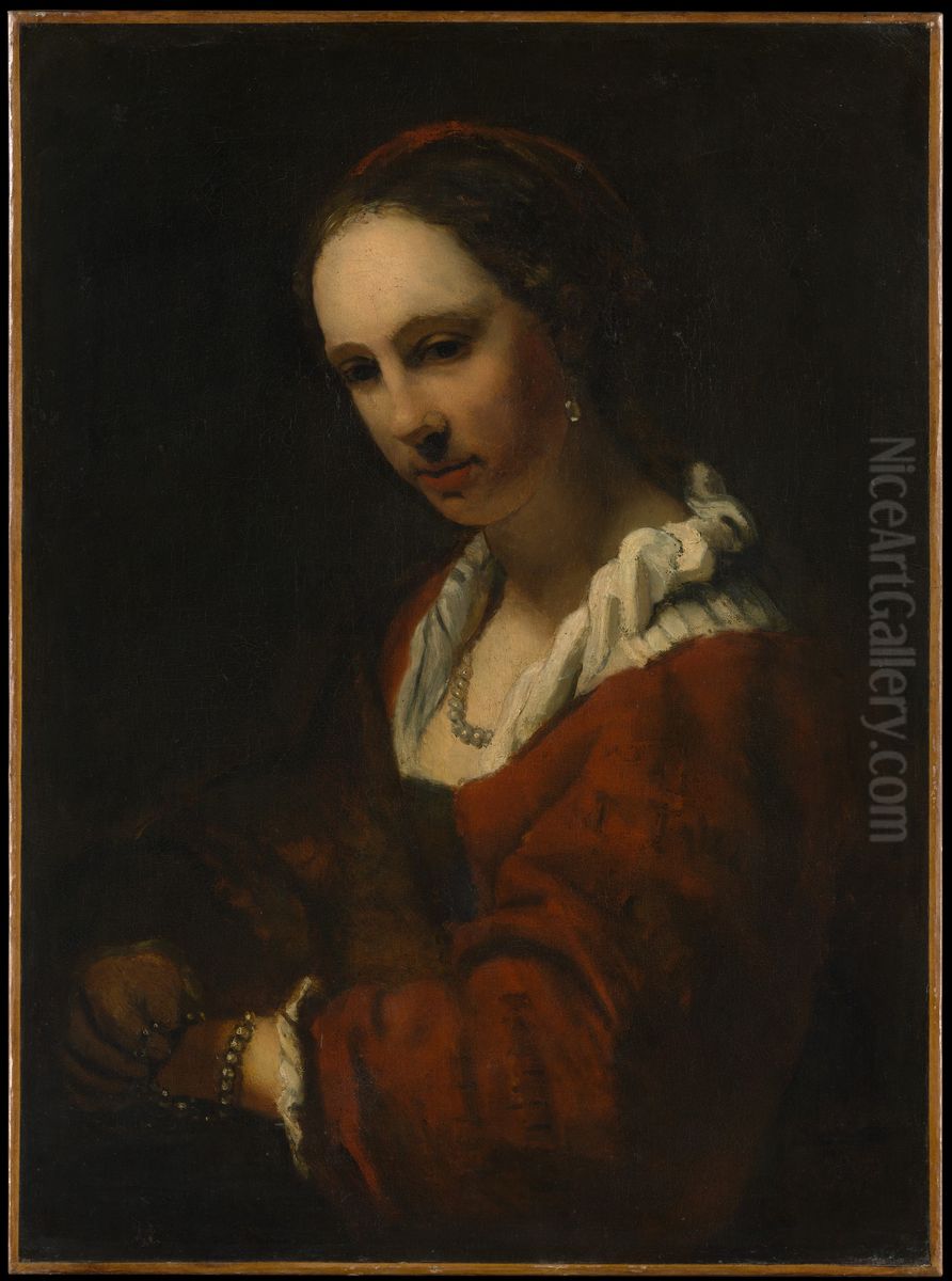Young Woman with a Pearl Necklace, formerly called Hendrickje Stoffels, copy after a painting by Drost in Dresden Oil Painting by Willem Drost