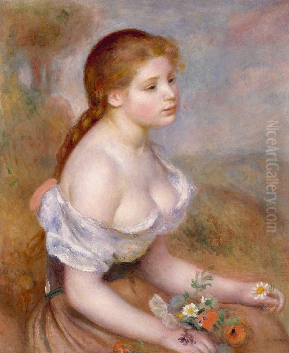 A Young Girl with Daisies Oil Painting by Pierre Auguste Renoir